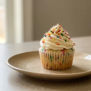 Overhead shot of a frosted funfetti cupcake with rainbow sprinkles on top and visible vanilla buttercream swirls.