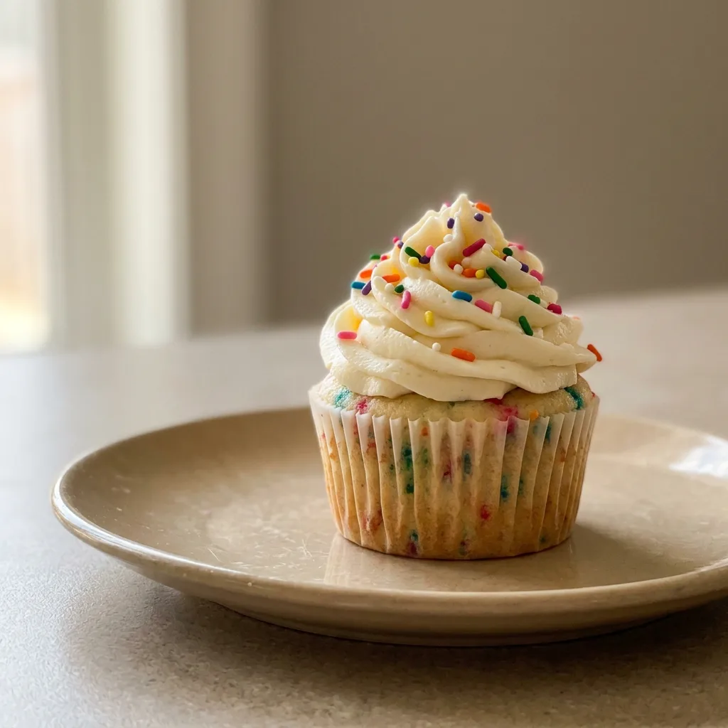 Overhead shot of a frosted funfetti cupcake with rainbow sprinkles on top and visible vanilla buttercream swirls.