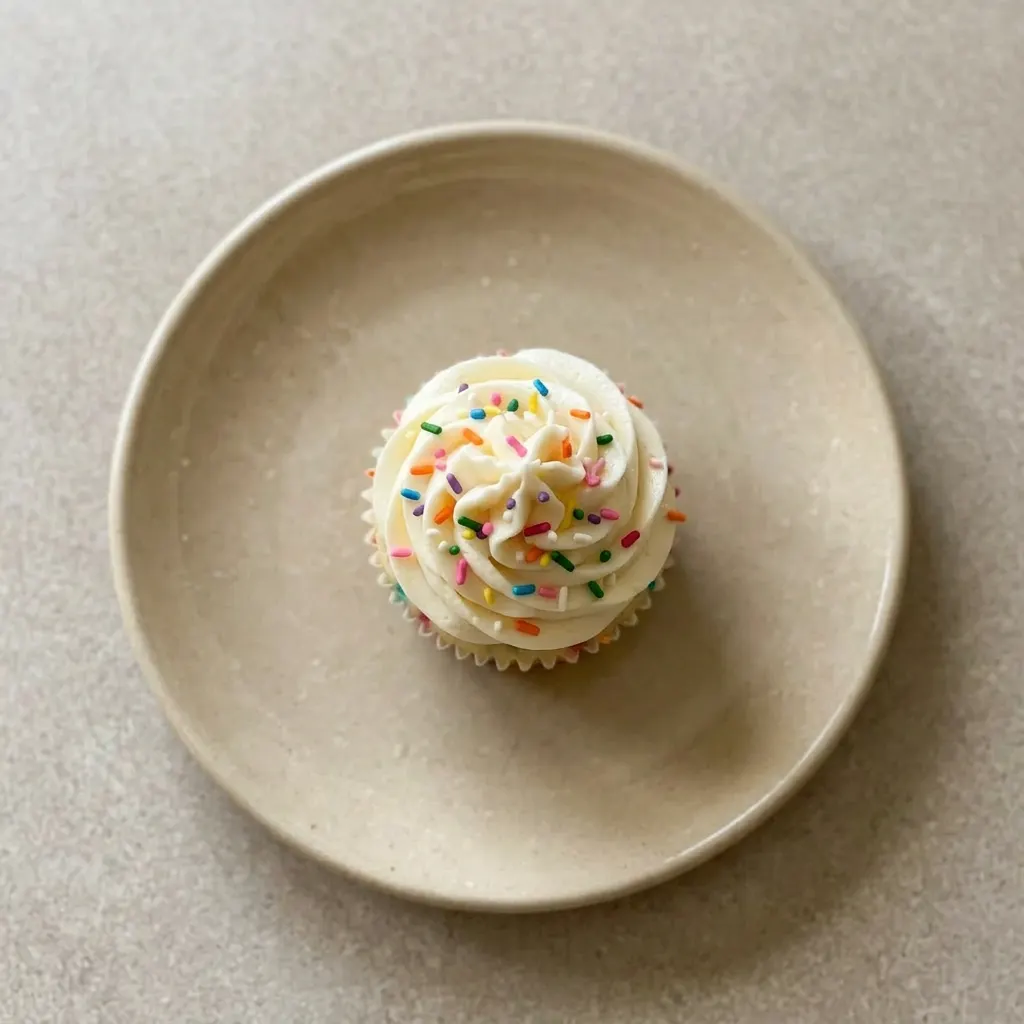 Plated funfetti cupcake with a generous swirl of buttercream frosting and rainbow sprinkles, photographed from a low angle.