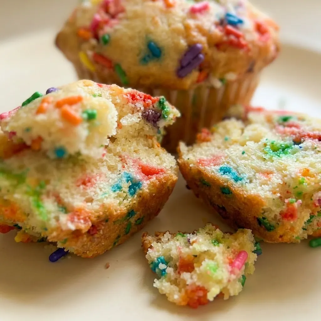 Zoomed in on one muffin with a golden dome, white crumb, and multicolored sprinkles dotting the surface.