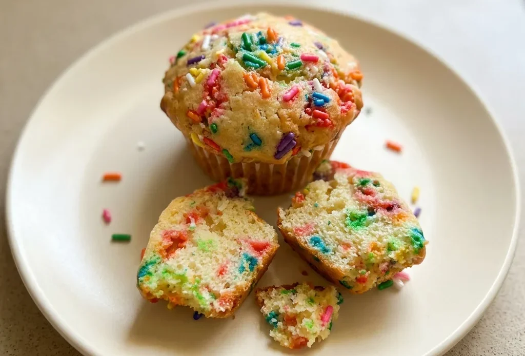 Bird's-eye view of three funfetti muffins with rainbow sprinkles visible on tops, arranged in a triangle.