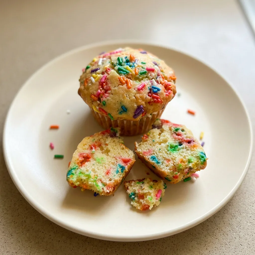 Bird's-eye view of three funfetti muffins with rainbow sprinkles visible on tops, arranged in a triangle.