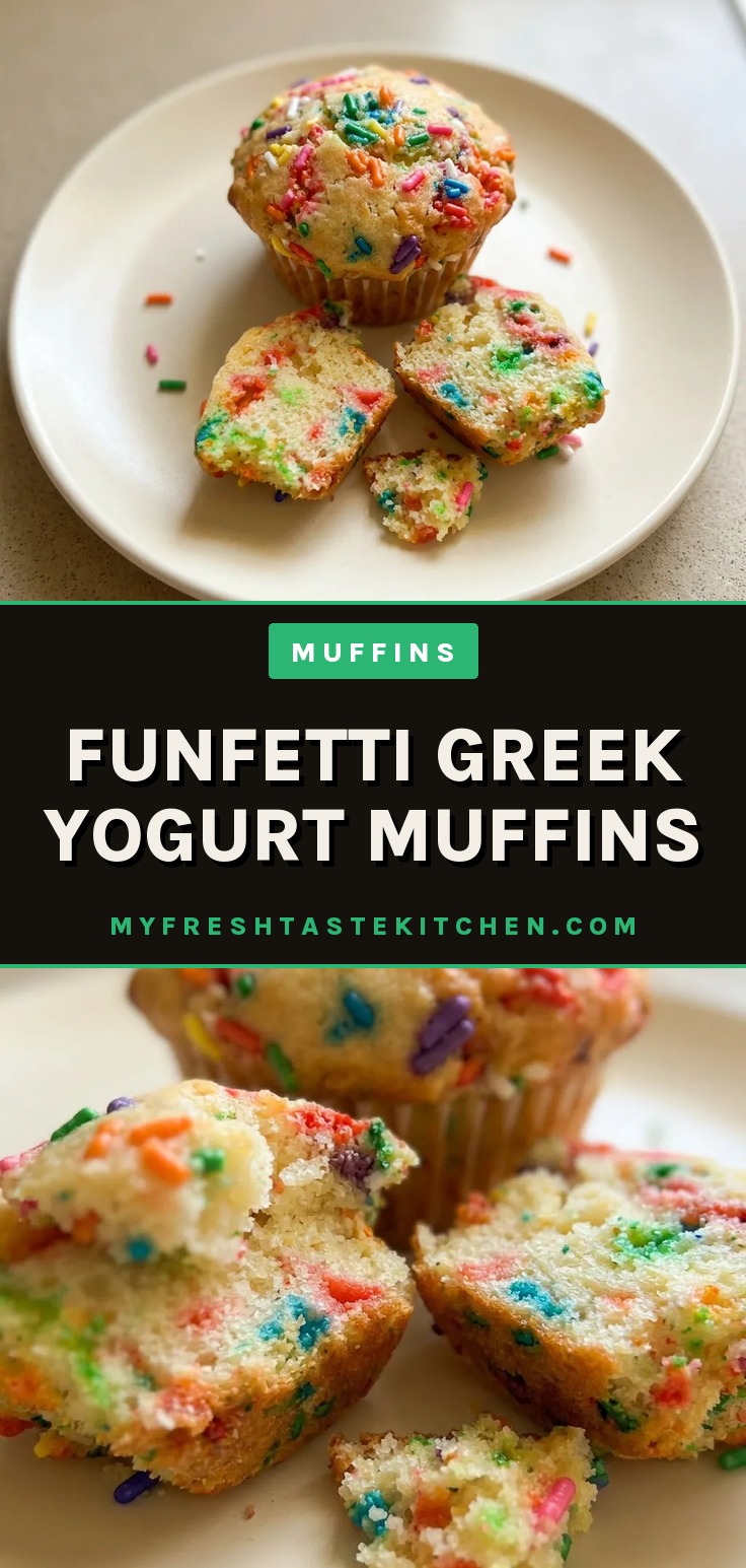 Bird's-eye view of three funfetti muffins with rainbow sprinkles visible on tops, arranged in a triangle.