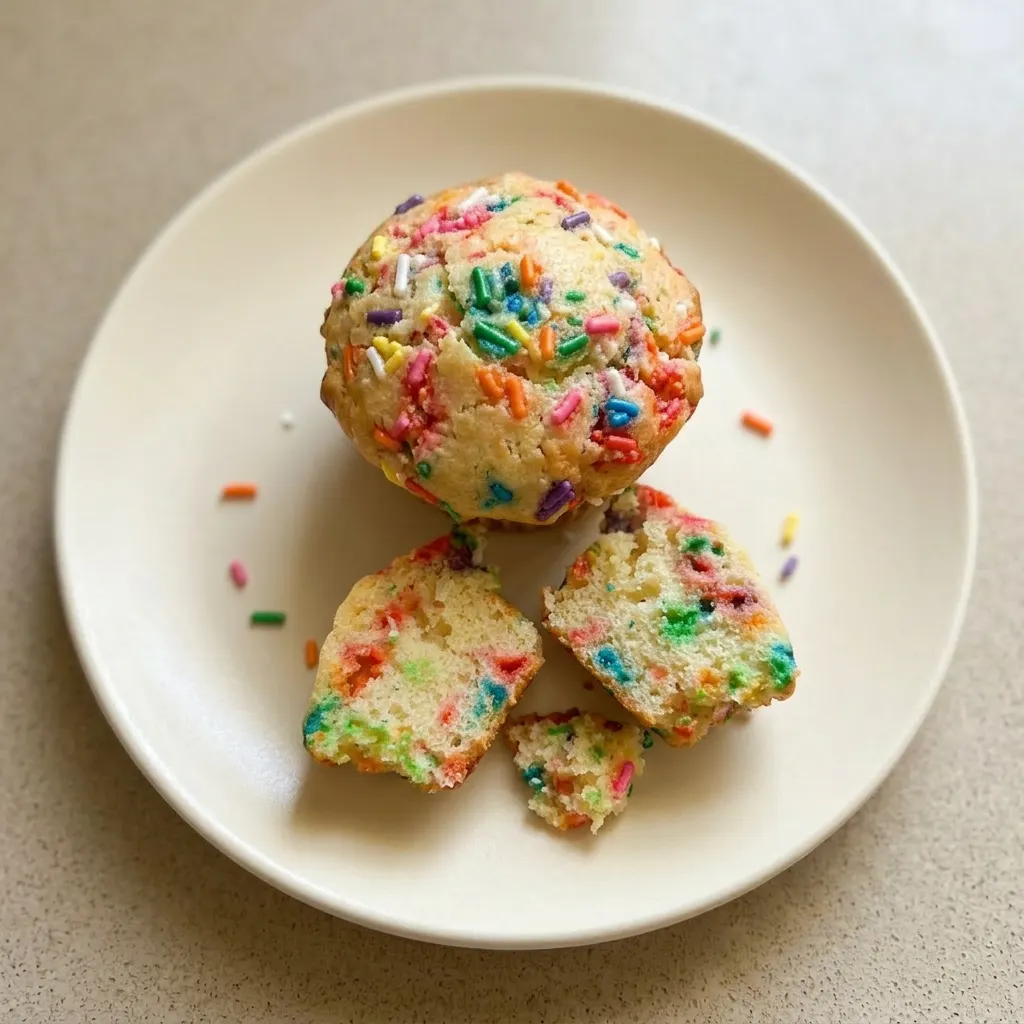 Ready to serve: two muffins on a napkin, one bitten, showing moist white interior with sprinkles.