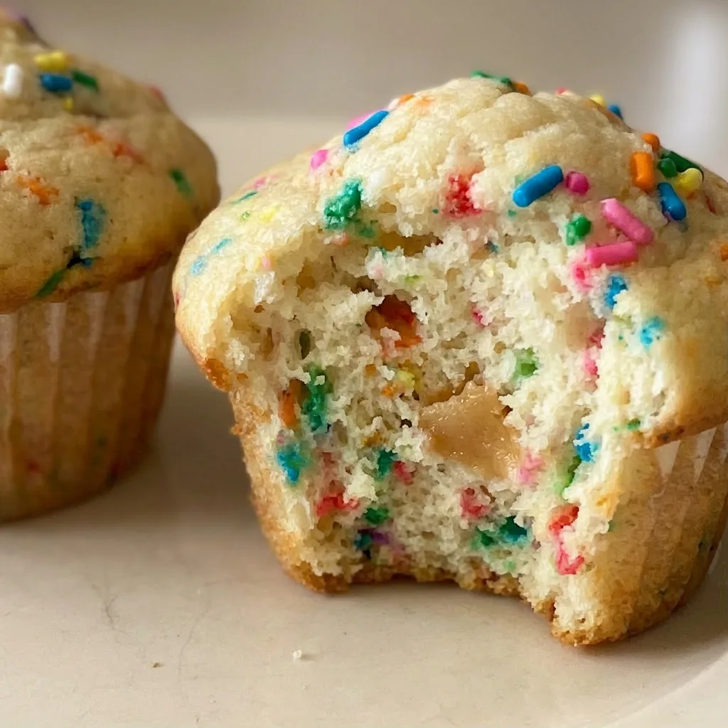 Close view of a funfetti mini muffin topped with yogurt and rainbow sprinkles, with vanilla specks visible.