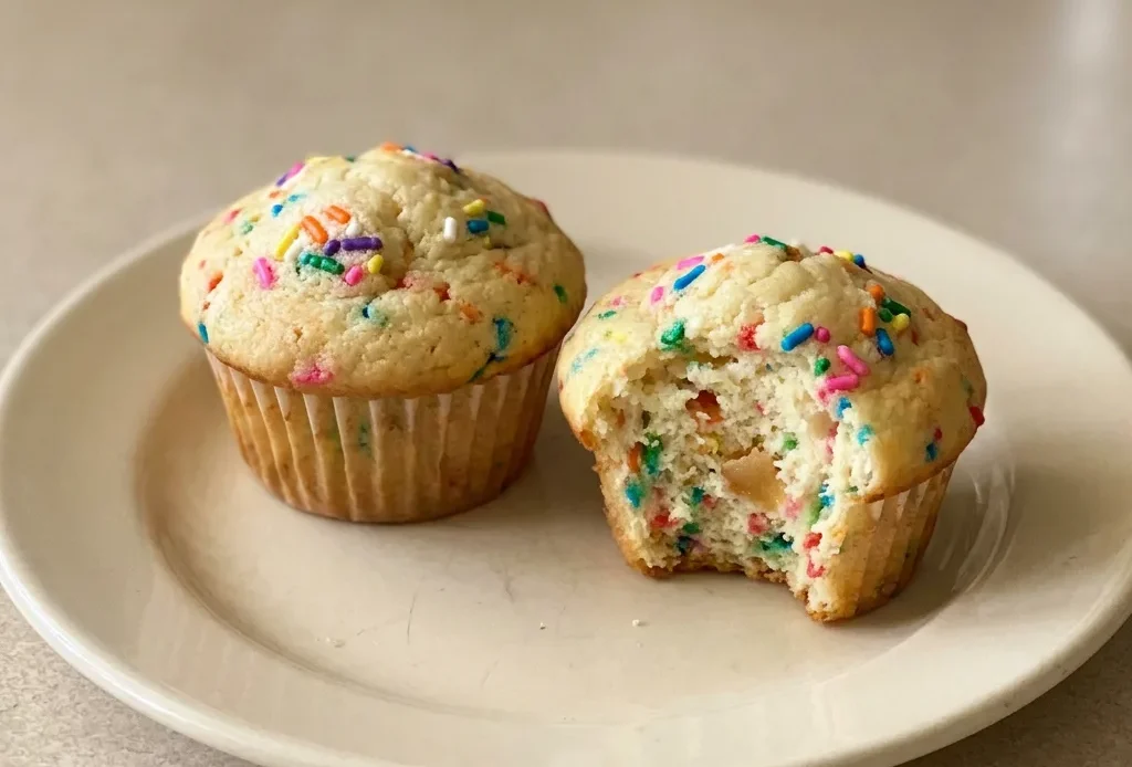 Overhead shot of several funfetti mini muffins with yogurt and rainbow sprinkles on top.