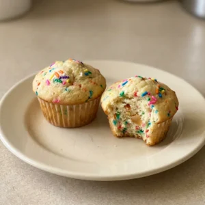 Overhead shot of several funfetti mini muffins with yogurt and rainbow sprinkles on top.