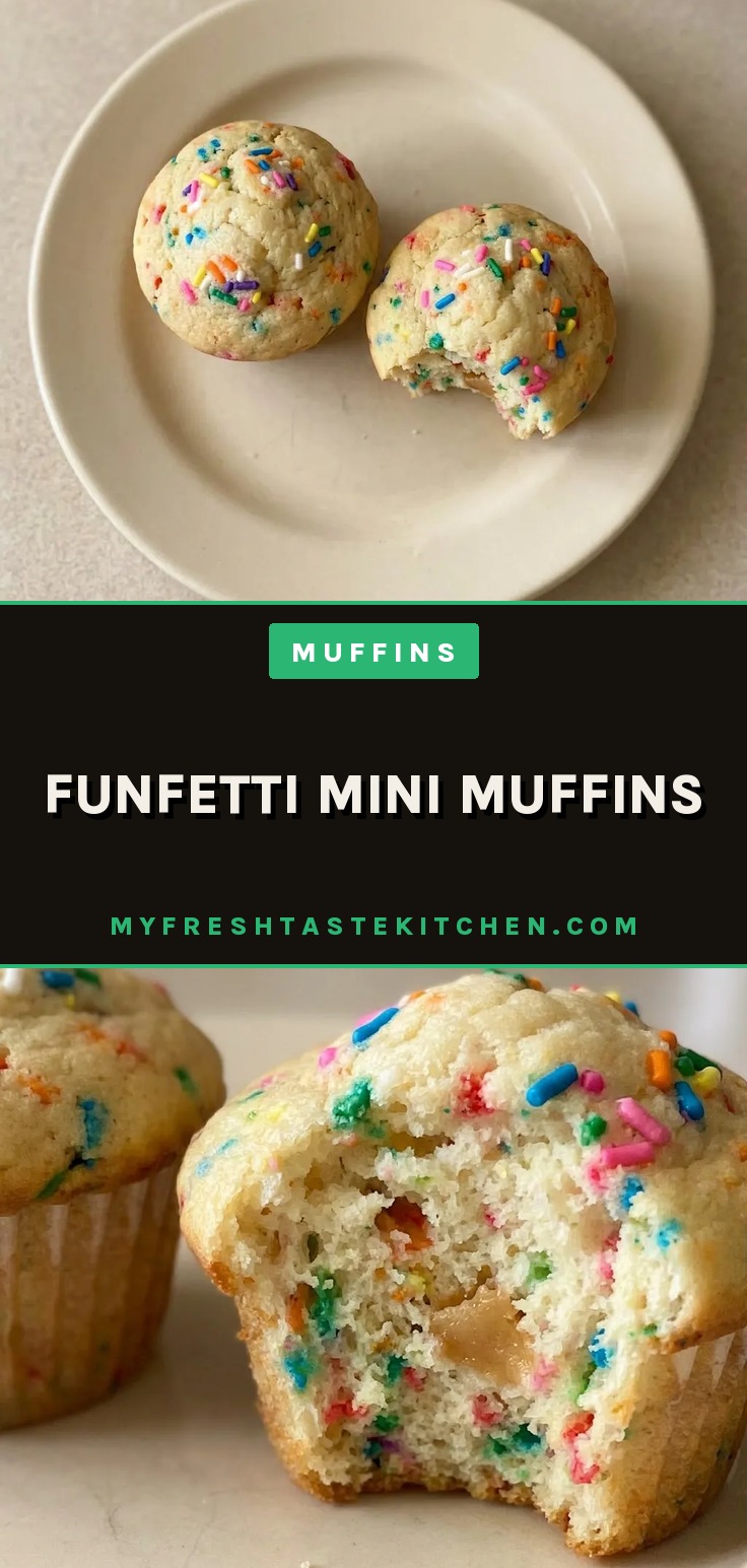 Overhead shot of several funfetti mini muffins with yogurt and rainbow sprinkles on top.