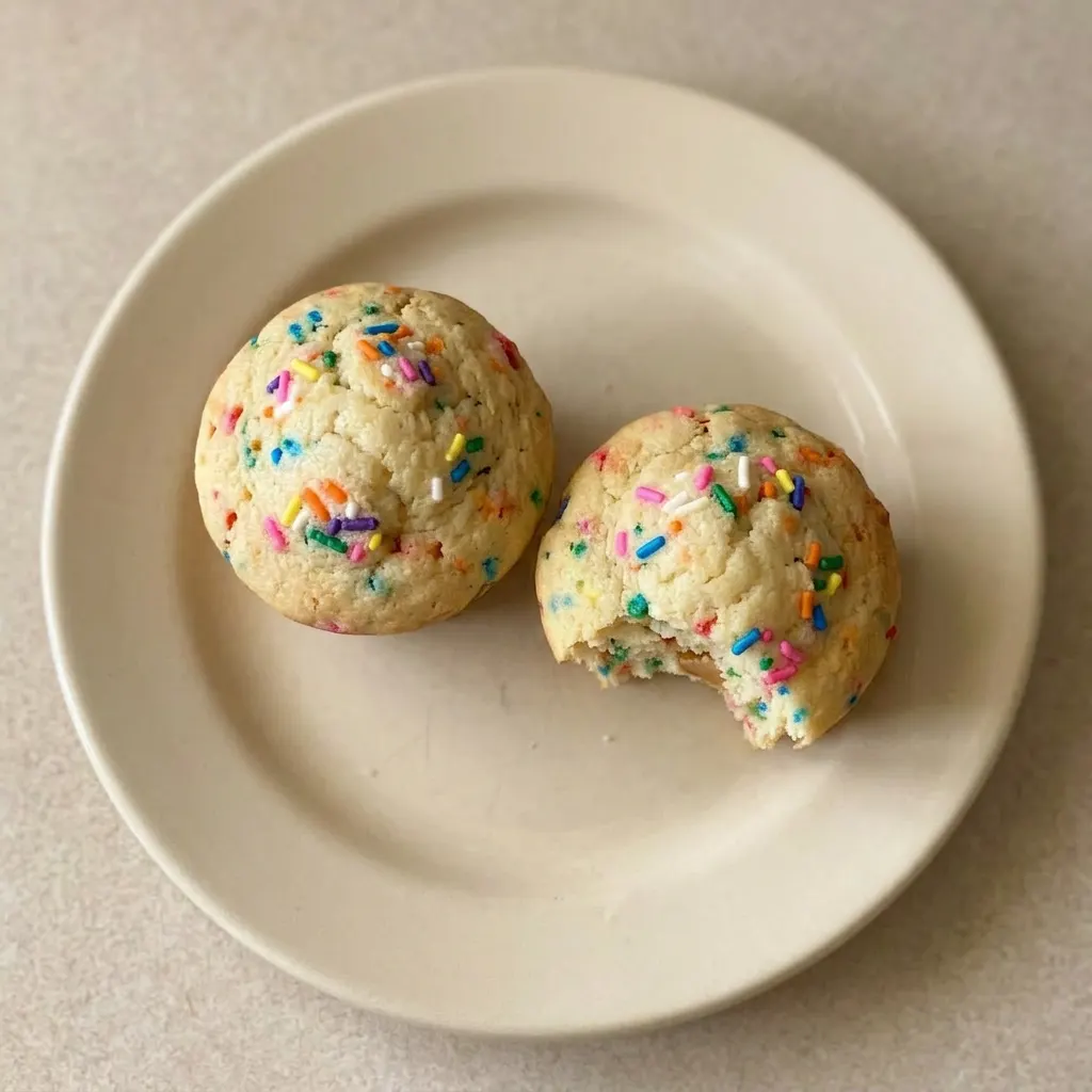 Plated funfetti mini muffins drizzled with yogurt and scattered with rainbow sprinkles.