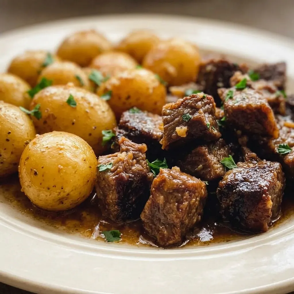 Up close, a fork piercing a tender beef bite next to a golden potato, with butter and Worcestershire sauce glistening.
