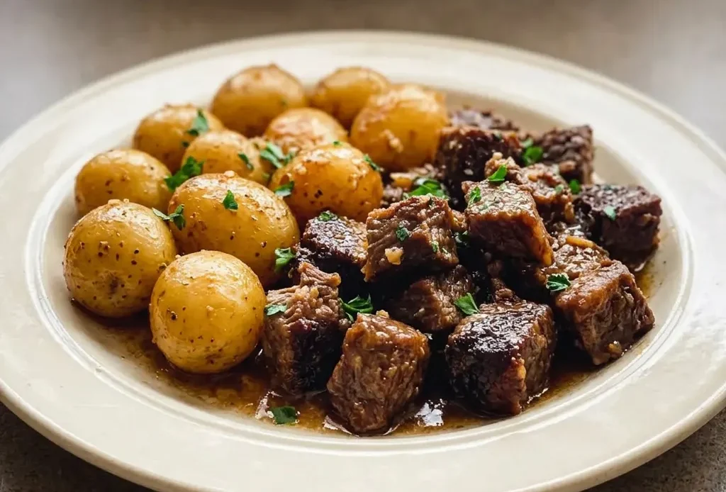 Looking down at a bowl of beef bites and baby potatoes in buttery sauce, topped with garlic cloves and thyme sprigs.