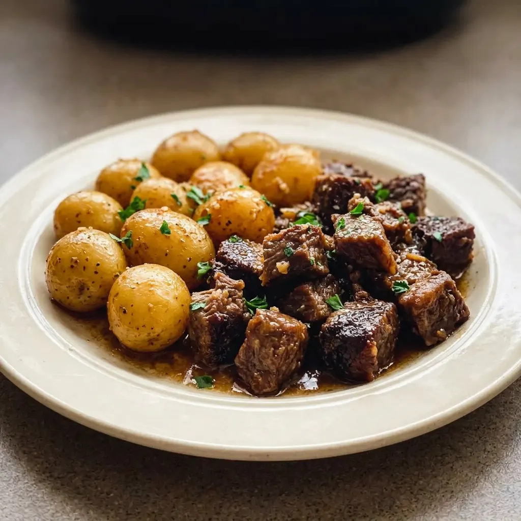 Looking down at a bowl of beef bites and baby potatoes in buttery sauce, topped with garlic cloves and thyme sprigs.