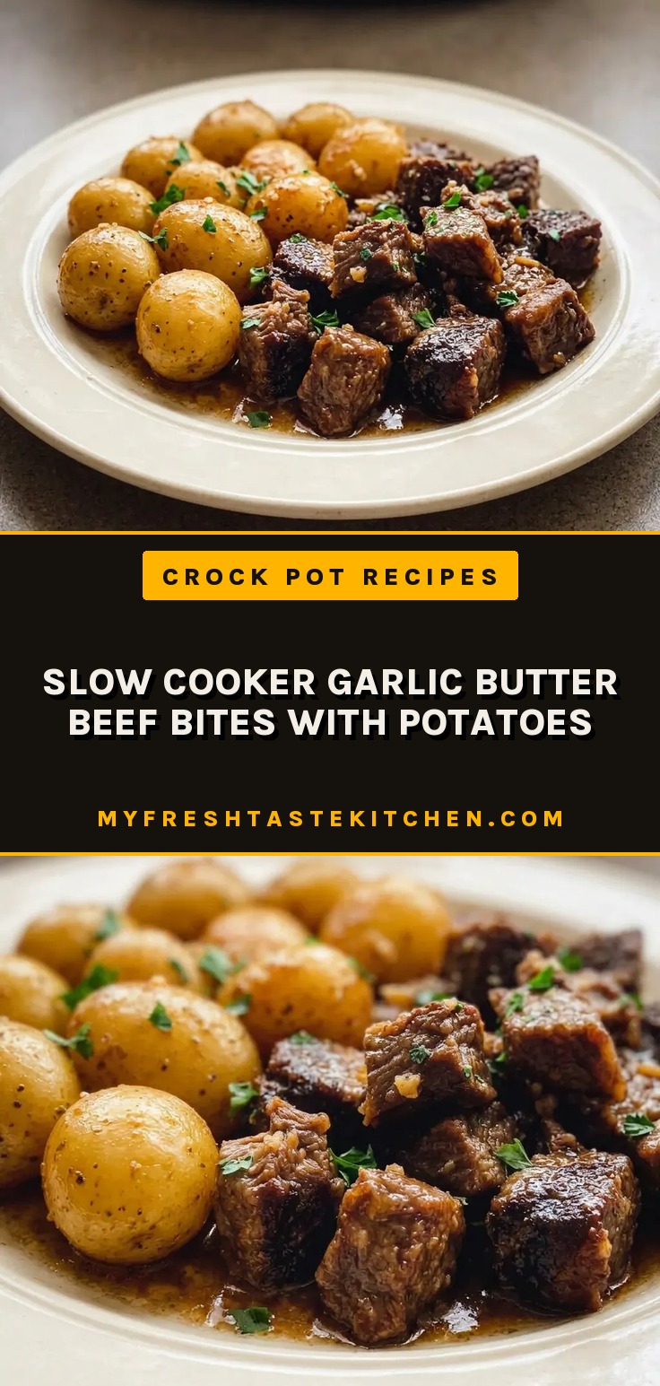 Looking down at a bowl of beef bites and baby potatoes in buttery sauce, topped with garlic cloves and thyme sprigs.