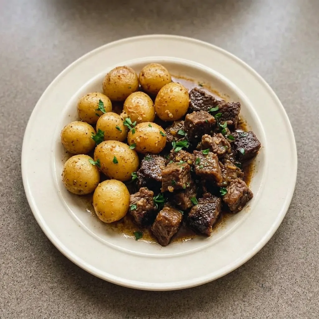 A plate of beef stew meat and baby potatoes, garnished with rosemary and thyme, in a garlic butter beef broth.