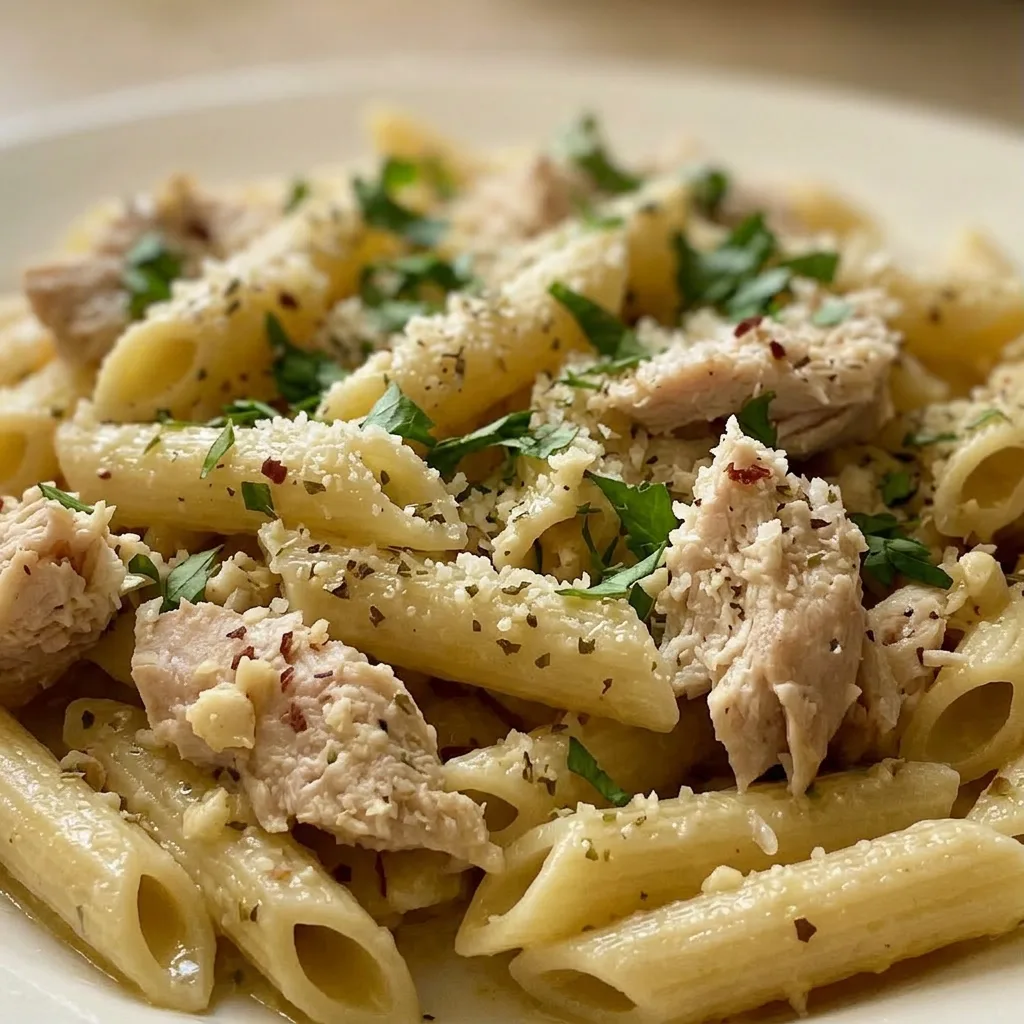 Close view of garlic butter coated penne with shredded rotisserie chicken, parmesan cheese, and Italian seasoning visible.