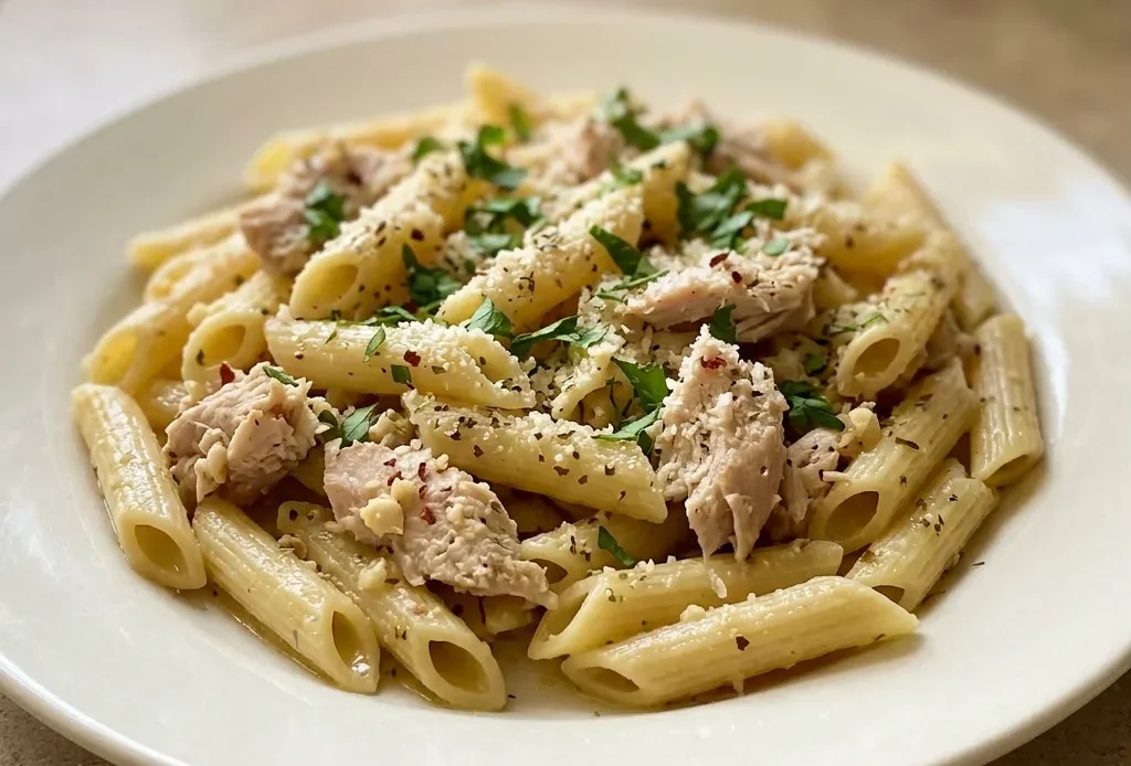 Overhead shot of penne pasta with rotisserie chicken, garlic, and parmesan, drizzled with olive oil and sprinkled with Italian seasoning.
