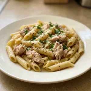 Overhead shot of penne pasta with rotisserie chicken, garlic, and parmesan, drizzled with olive oil and sprinkled with Italian seasoning.