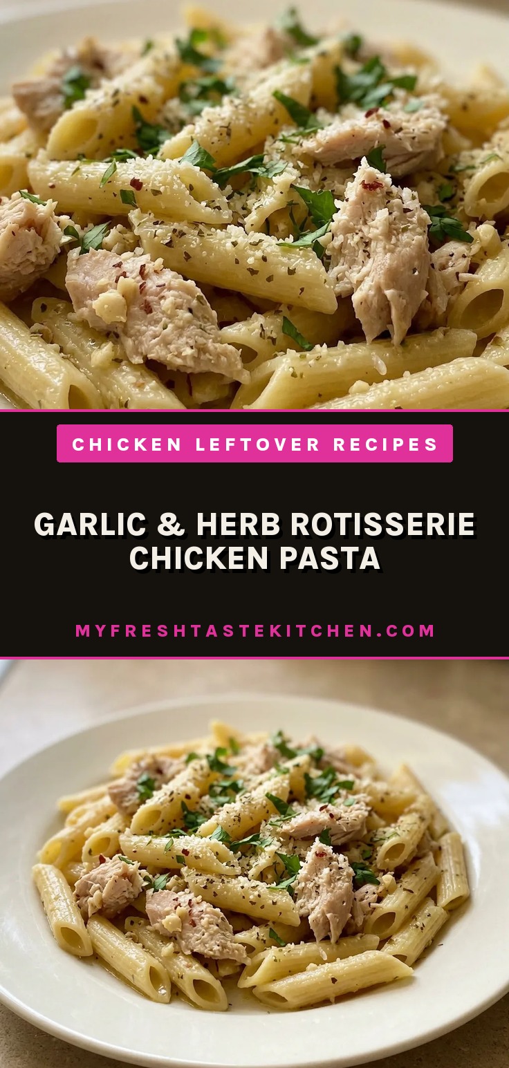 Overhead shot of penne pasta with rotisserie chicken, garlic, and parmesan, drizzled with olive oil and sprinkled with Italian seasoning.