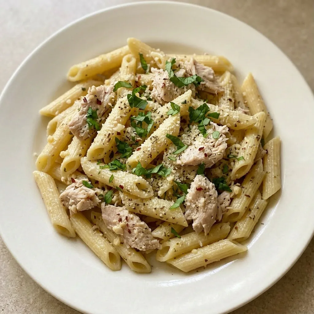 Plated pasta with rotisserie chicken, garlic, parmesan, and Italian seasoning, topped with a pat of butter.