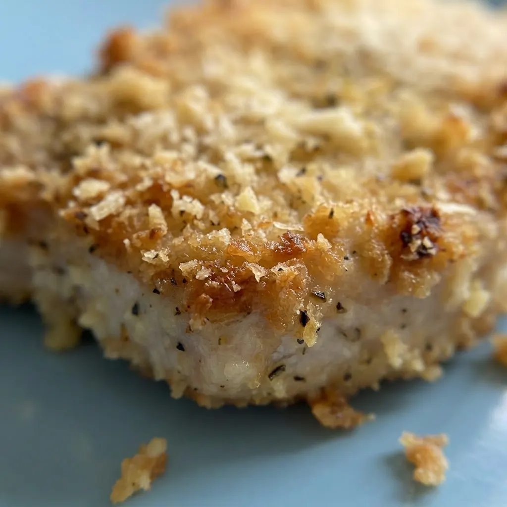 Zoomed in on a single pork chop with a crispy panko crust, golden parmesan, and visible garlic bits.