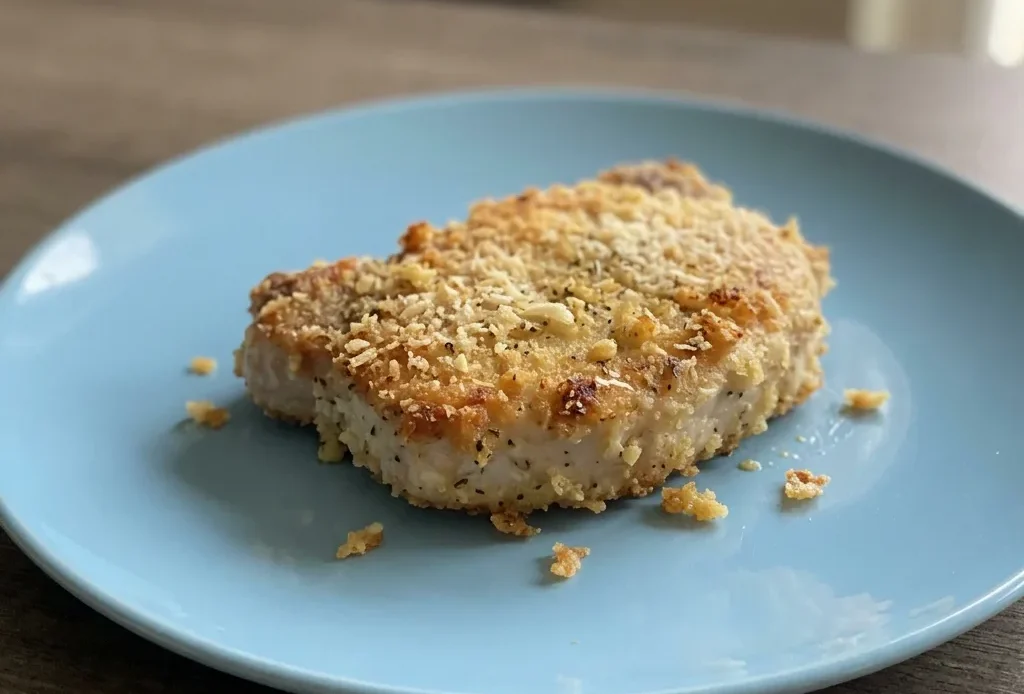 Bird's-eye view of two breaded pork chops topped with melted parmesan and garlic pieces.