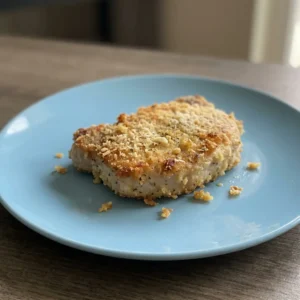 Bird's-eye view of two breaded pork chops topped with melted parmesan and garlic pieces.