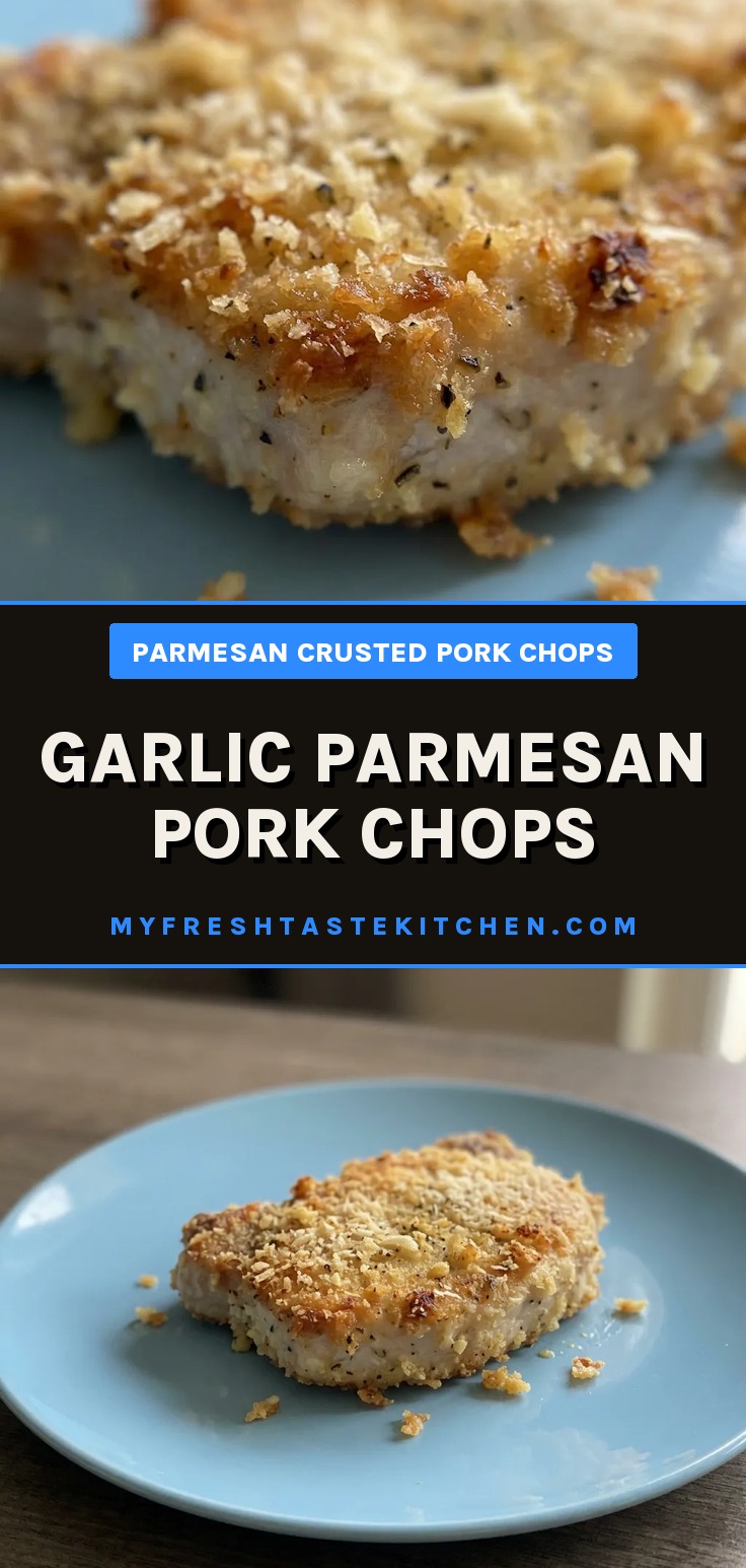 Bird's-eye view of two breaded pork chops topped with melted parmesan and garlic pieces.