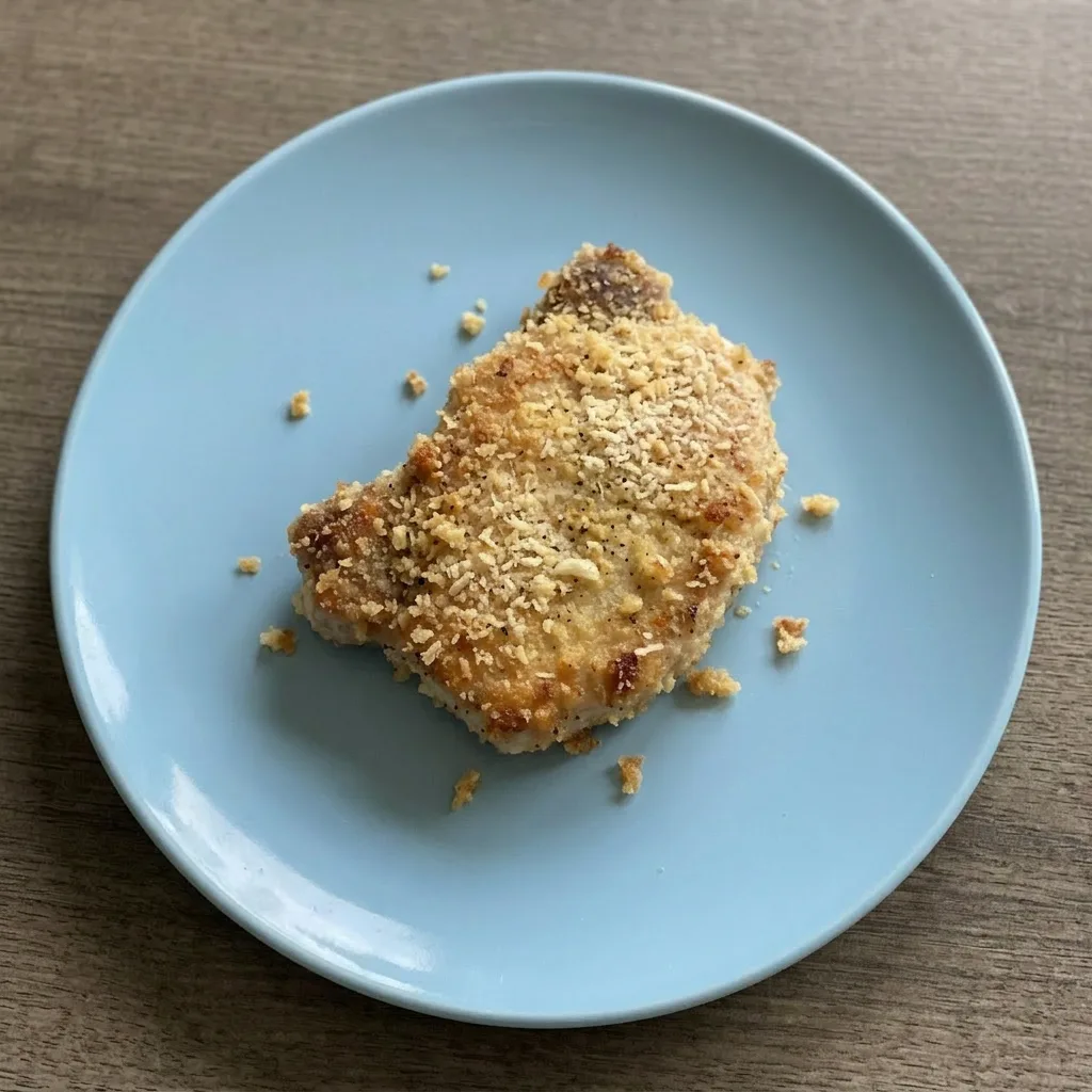 Ready to serve: a plated pork chop with parmesan and garlic topping, panko crust visible.