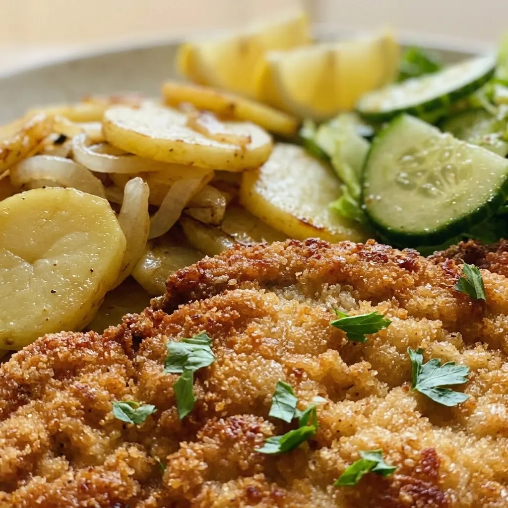 Close view of a breaded pork schnitzel with a lemon wedge and parsley garnish, crispy golden crust visible.