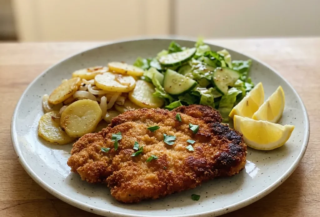 Overhead shot of two breaded pork schnitzels, one with lemon wedge and parsley, the other plain.