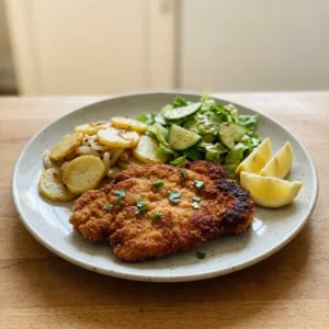 Overhead shot of two breaded pork schnitzels, one with lemon wedge and parsley, the other plain.