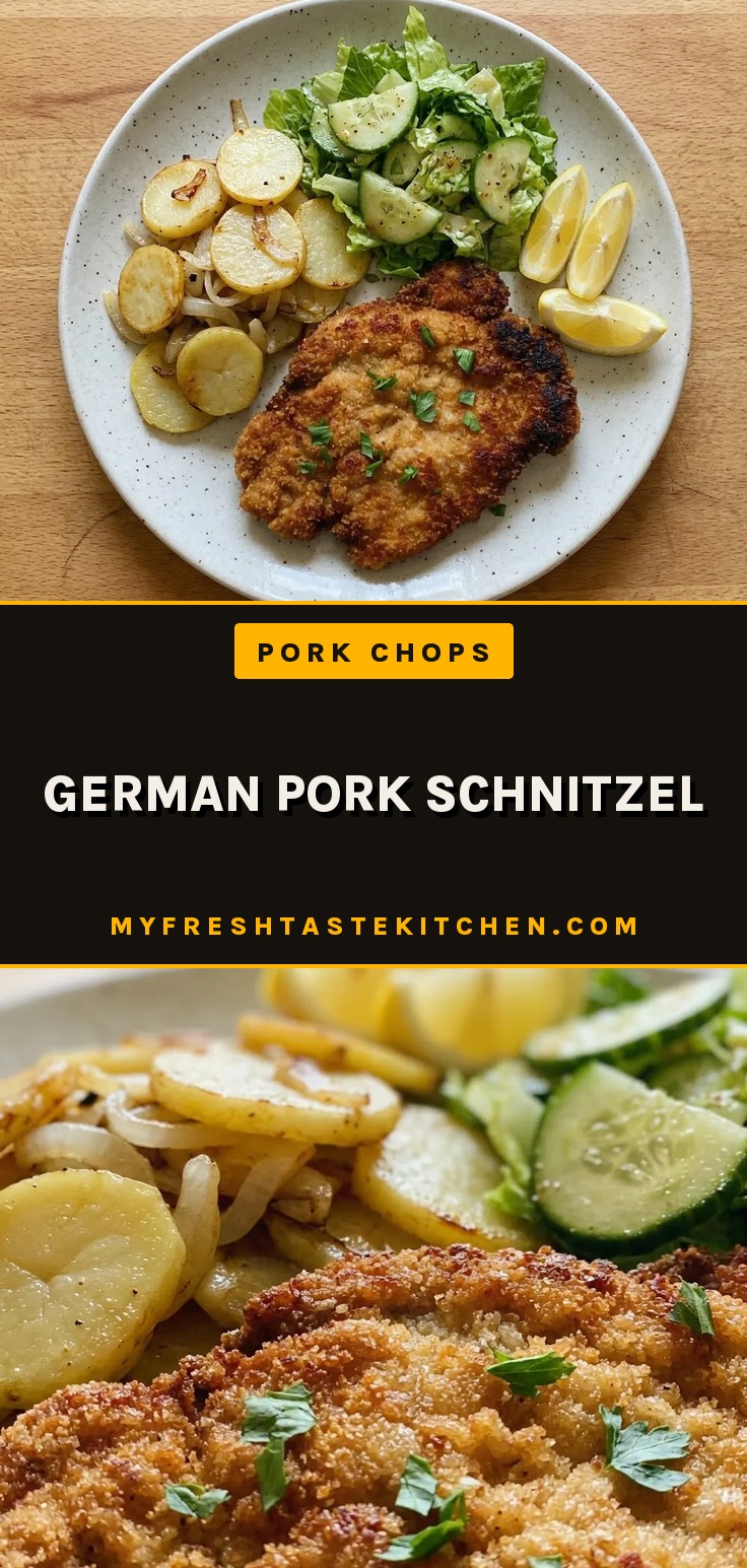 Overhead shot of two breaded pork schnitzels, one with lemon wedge and parsley, the other plain.