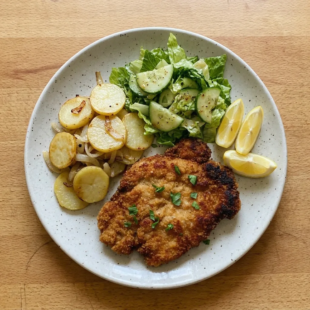 Plated breaded pork schnitzel with lemon wedge and parsley, crispy coating and tender meat.