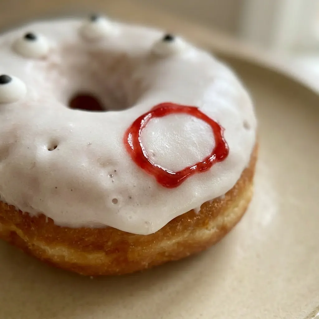 Close view of a ghost donut with glossy white icing, two candy eyes, and a dusting of powdered sugar.