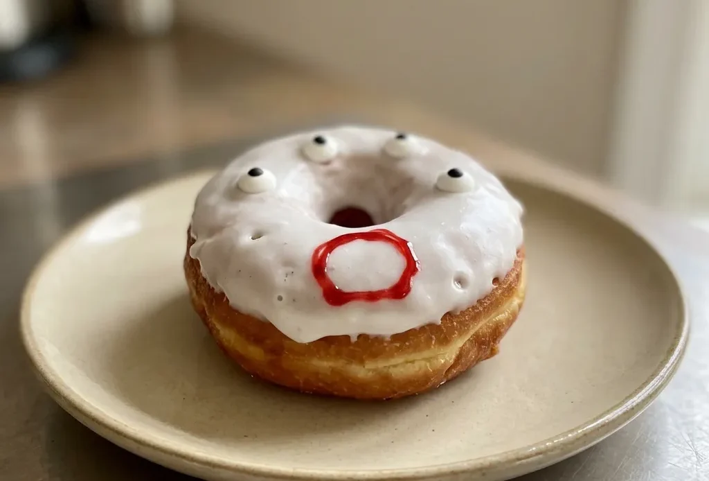 Overhead shot of three ghost-shaped donuts with white icing, candy eyes, and powdered sugar.