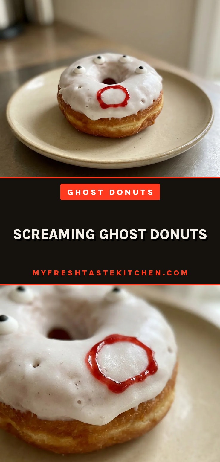 Ghost donuts are round fried doughnuts covered in white glaze with candy eyes and red painted mouths, looking like spooky ghosts.