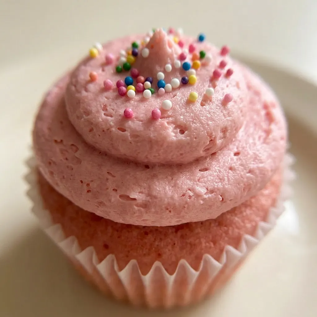 Close view of a pink buttercream frosted cupcake topped with colorful sprinkles.
