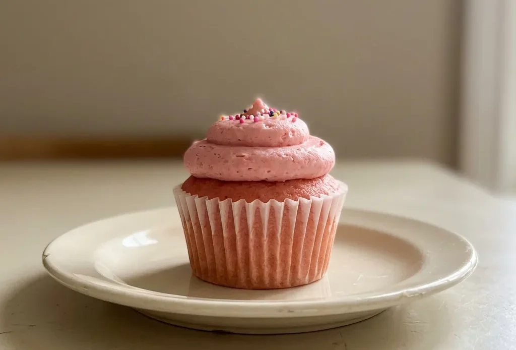 Overhead shot of six pink frosted cupcakes with white sprinkles on a white platter.