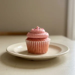 Overhead shot of six pink frosted cupcakes with white sprinkles on a white platter.