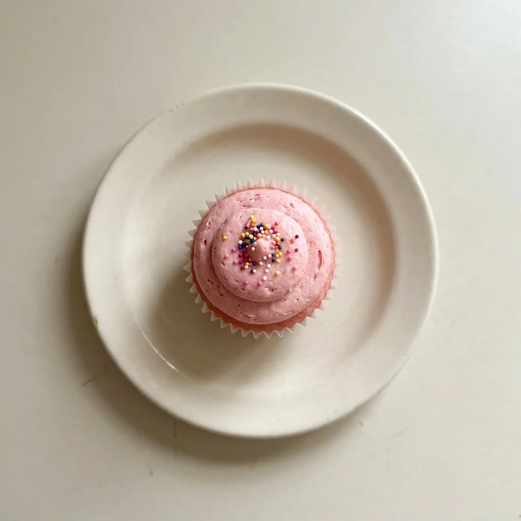 Plated single cupcake with pink frosting and sprinkles, seen from a slight angle.