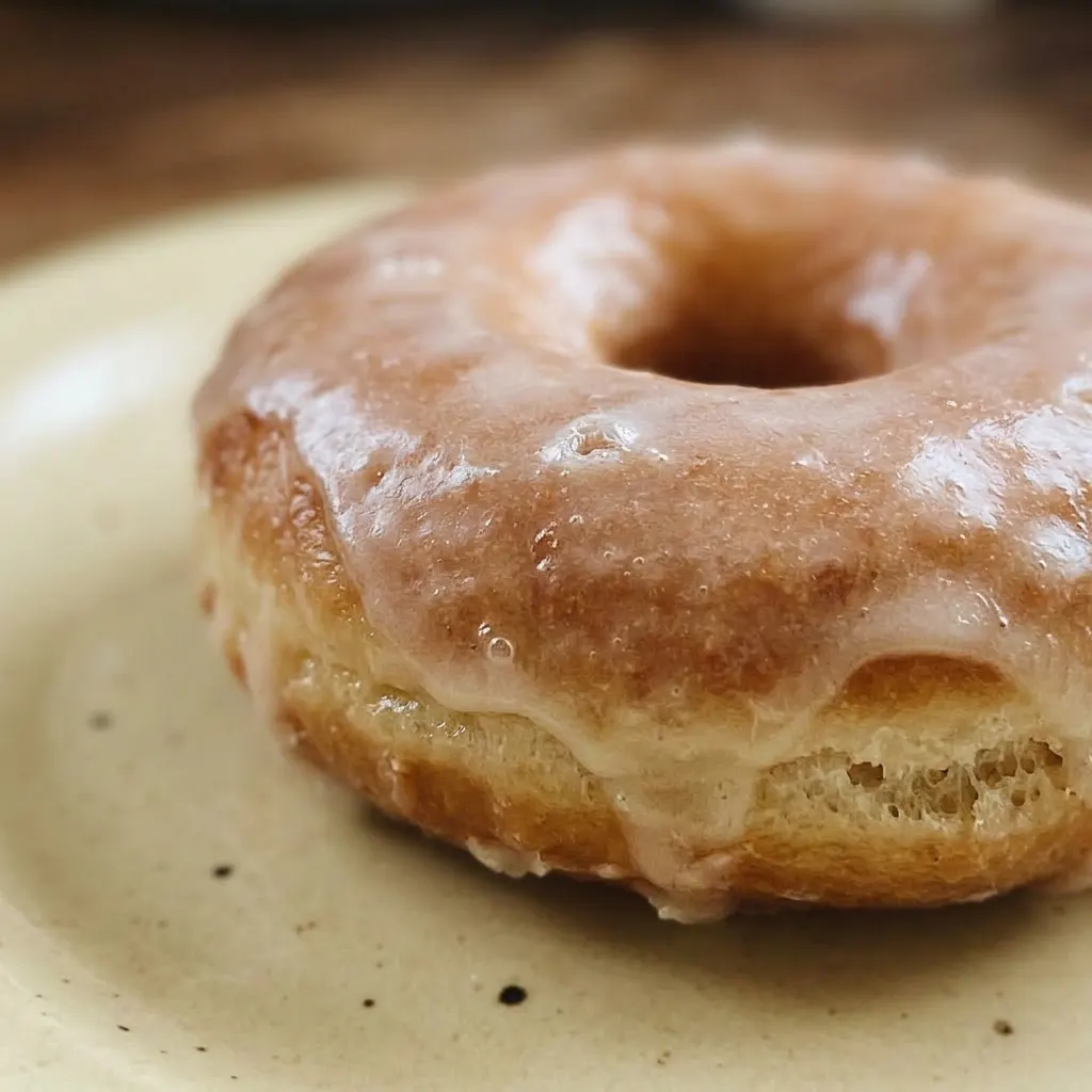Zoomed in on a glazed sourdough donut with thick white icing dripping down the sides.