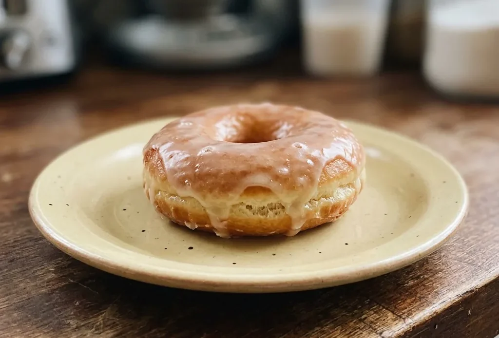 Bird's-eye view of two glazed sourdough donuts with glossy white icing on a dark surface.