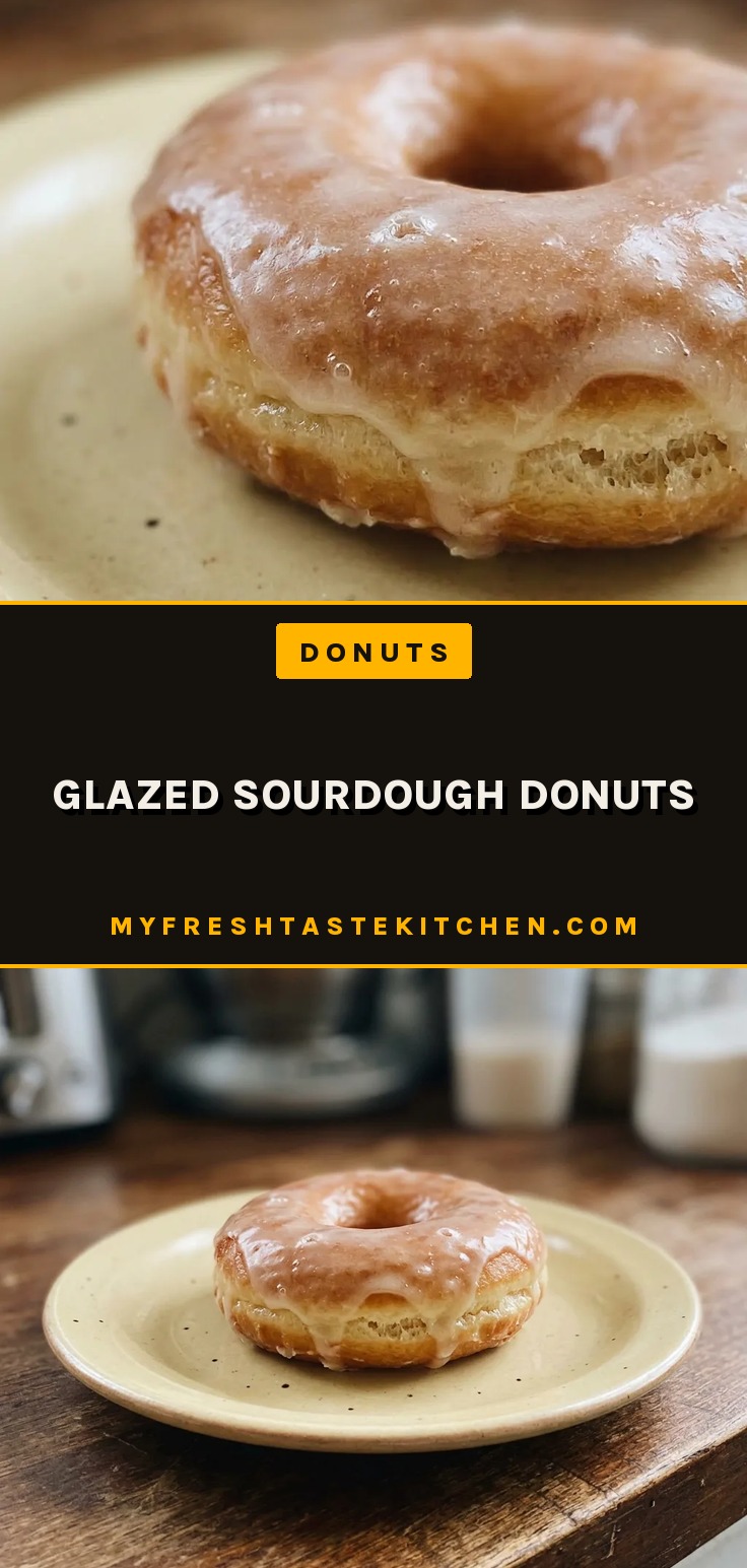 Glazed sourdough donuts with shiny white icing on a cooling rack, beside a bowl of glaze.