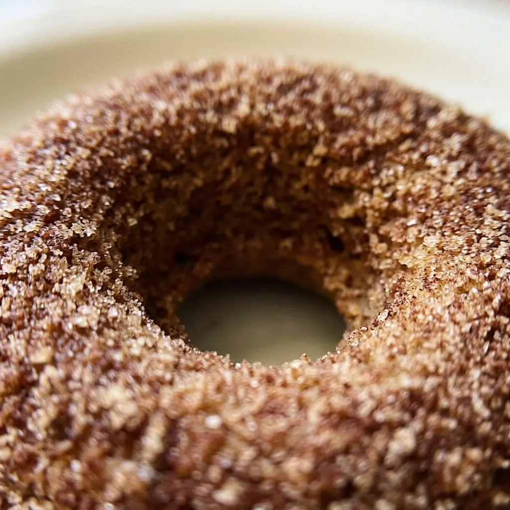 Zoomed in on a single baked donut with a golden brown crust and visible cinnamon sugar crystals.