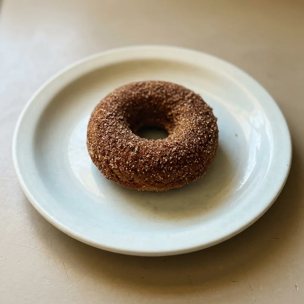 Bird's-eye view of three ring-shaped baked donuts dusted with cinnamon sugar on a dark surface.