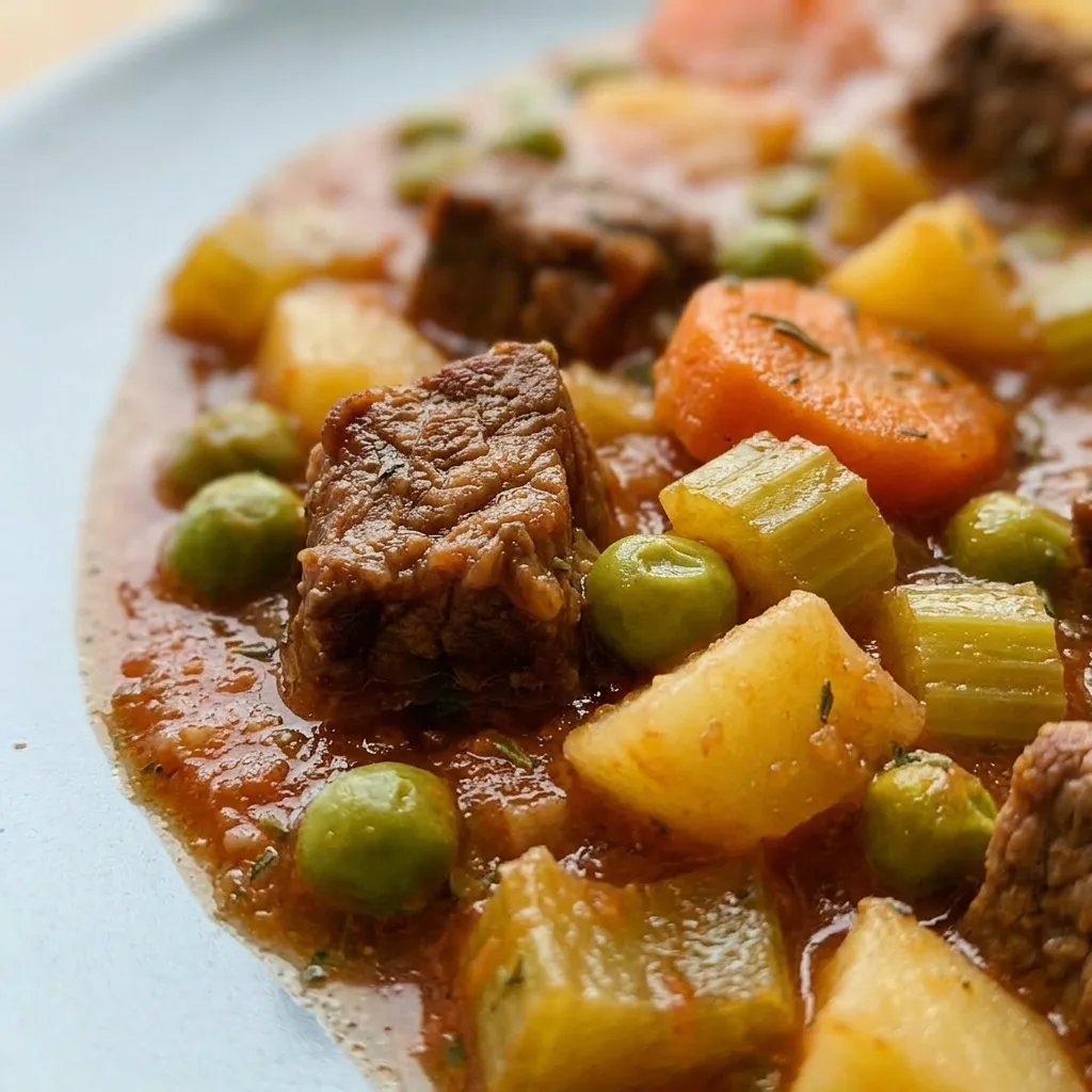 Close view of tender beef stew meat and vegetables in thick broth.