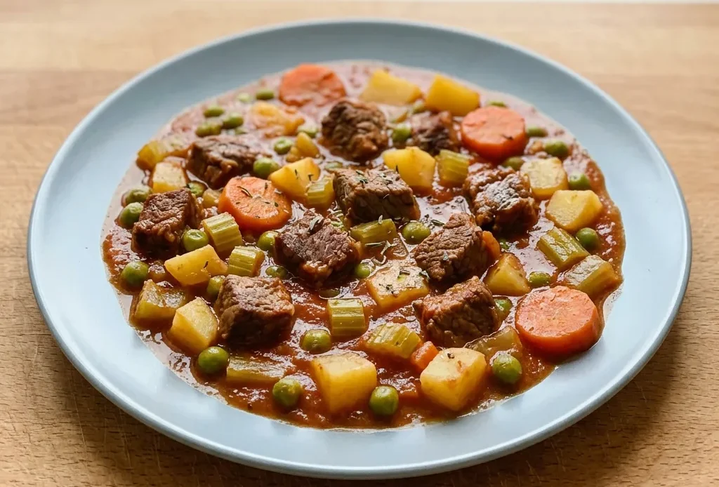 Overhead shot of beef stew with carrots, celery, potatoes, and peas in a bowl.