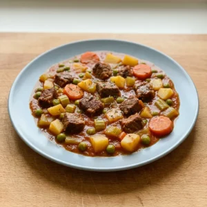 Overhead shot of beef stew with carrots, celery, potatoes, and peas in a bowl.