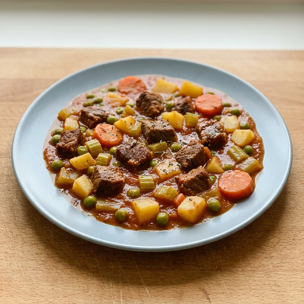 Overhead shot of beef stew with carrots, celery, potatoes, and peas in a bowl.