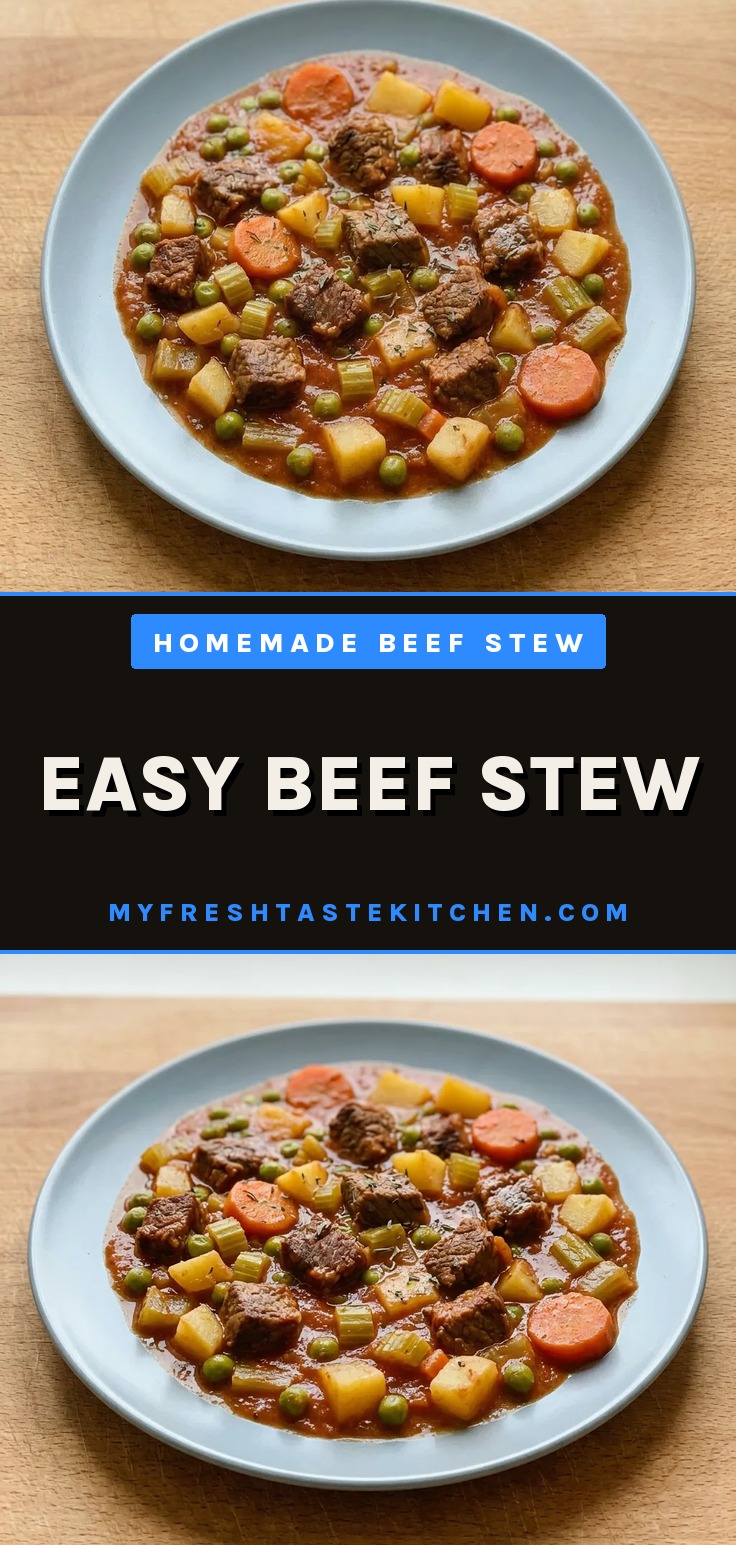 Easy beef stew with beef, carrots, potatoes, and peas in a thick broth
